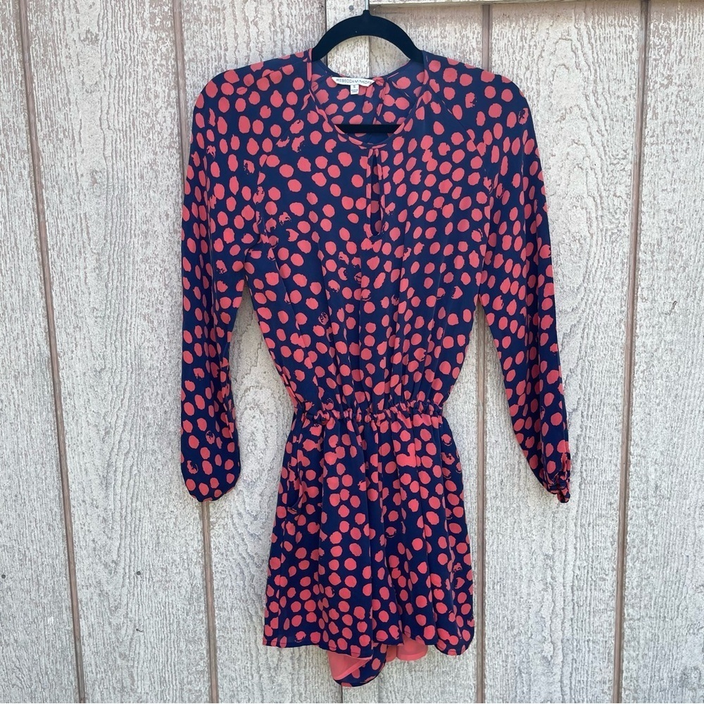 REBECCA MINKOFF ~ Indigo/Coral “Abby” Silk Romper ~ Abstract Polka Dots ~ Small